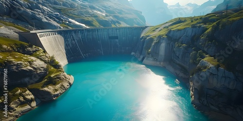 Aerial view of a Swiss Alps water dam reservoir generating sustainable hydropower to combat global warming. Concept Climate Action, Hydropower Sustainability, Alpine Energy, Aerial Photography