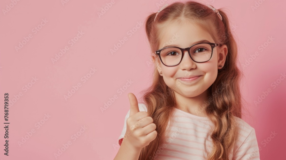 Closeup portrait of a cute attractive little child girl with a heart hairpin smiling showing thumb up over pink background.