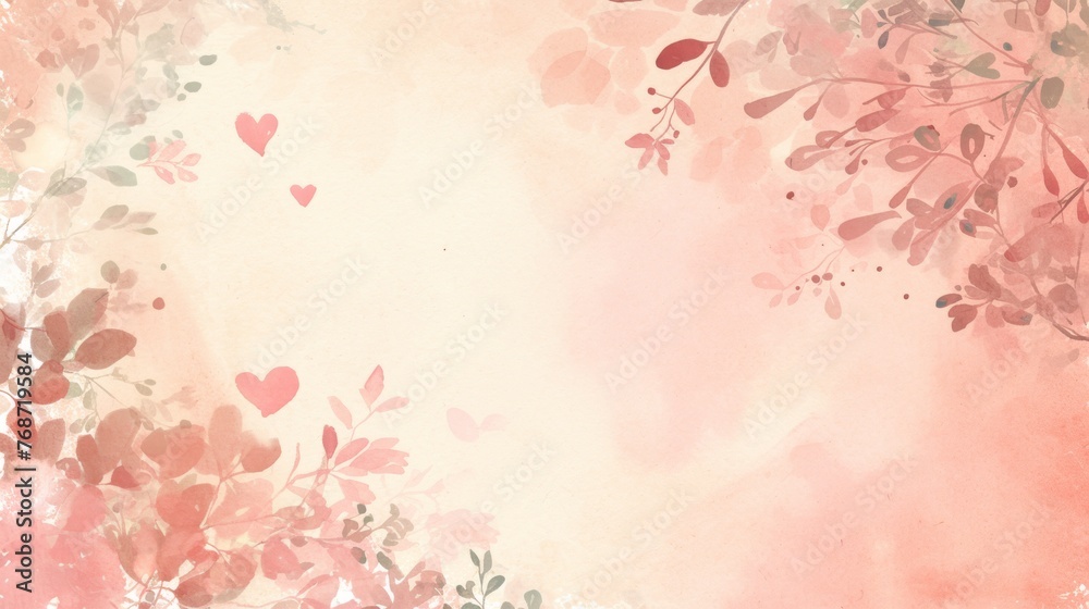 A watercolor painting of a tree adorned with hearts on its branches against a pink backdrop
