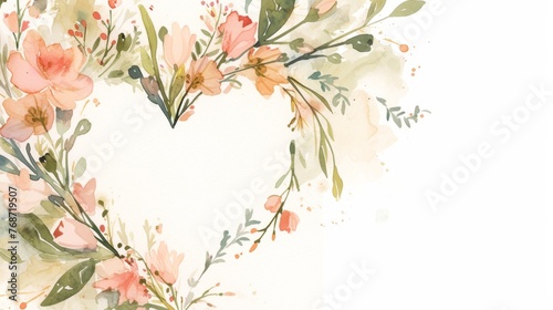  heart-shaped frame  pink flowers  green leaves on white background  text space