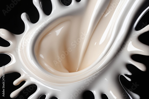 Realistic milk flash thick creamy milk flow from top to bottom in a dark background. Ai generated.