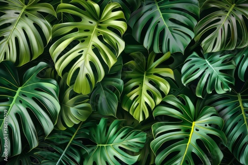 Lush green tropical leaves and monstera plant, vibrant botanical pattern, digital nature illustration