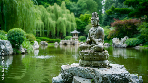 sculpture asiatique en pierre à côté d'un lac dans un parc zen