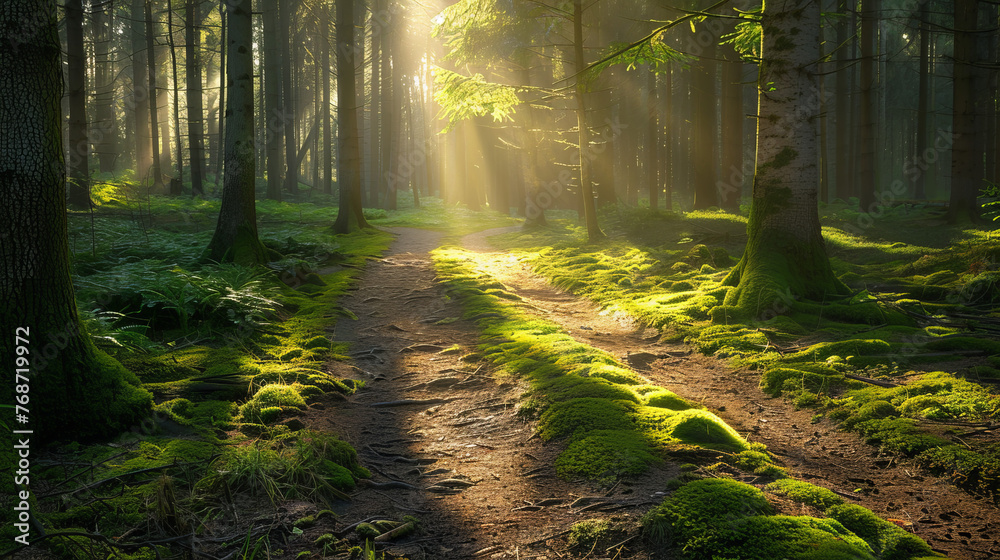 The early light dramatically breaks the forest's calm, casting intense sun beams across the verdant carpet of moss