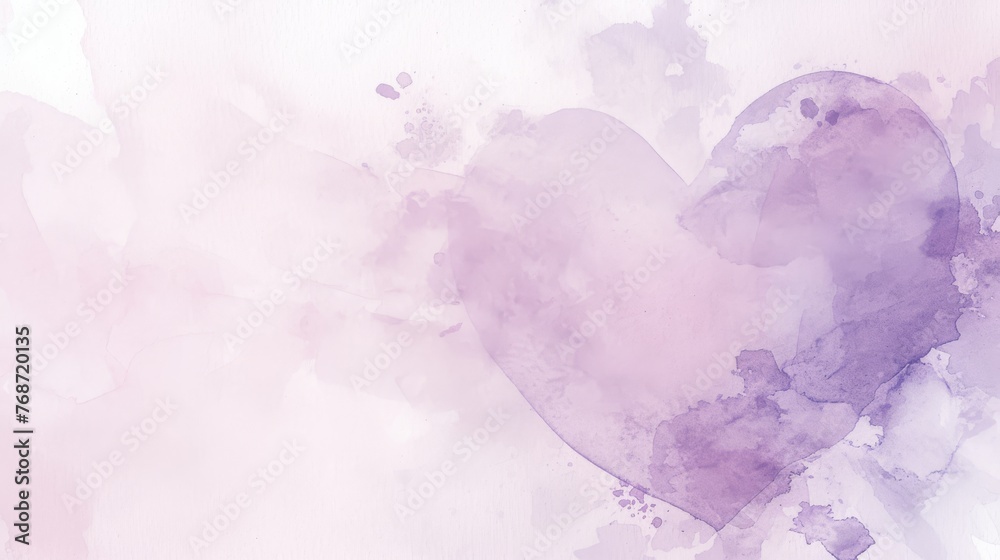  Watercolor painting of a heart against white-purple backdrop with center spot of light pink