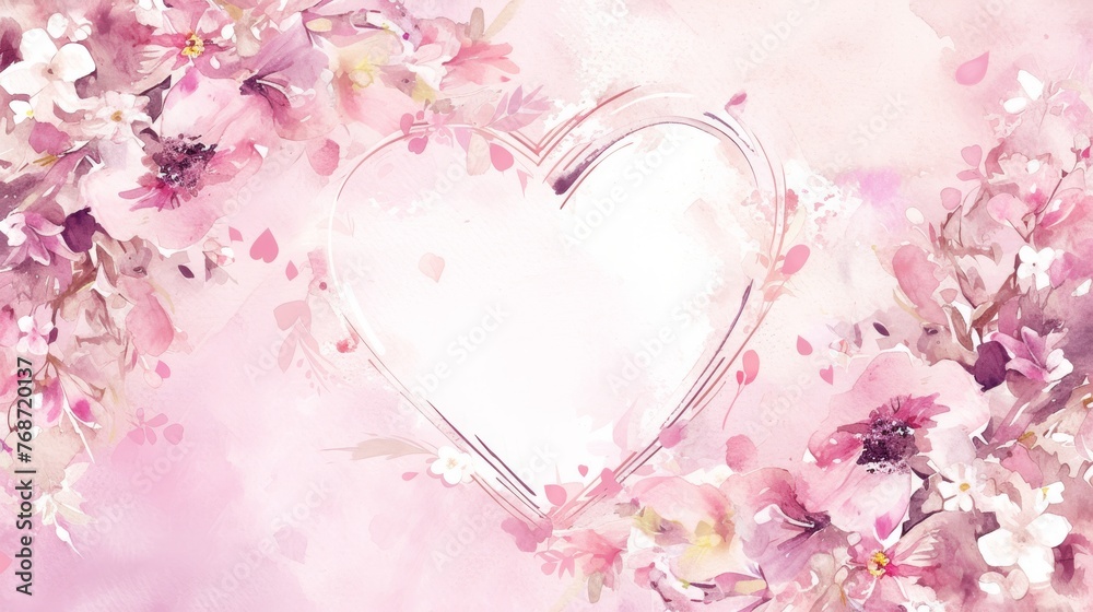  Watercolor artwork depicts a heart encircled by pink flwrs on pink backgrnd w/ white frm shp'd lk hrt