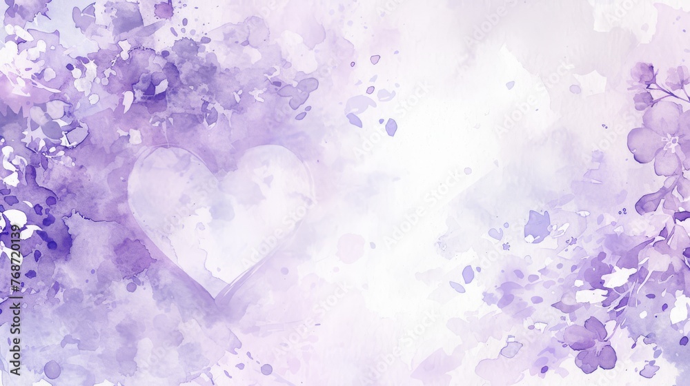  Watercolor painting of a heart on a purple-white background with numerous small leaves