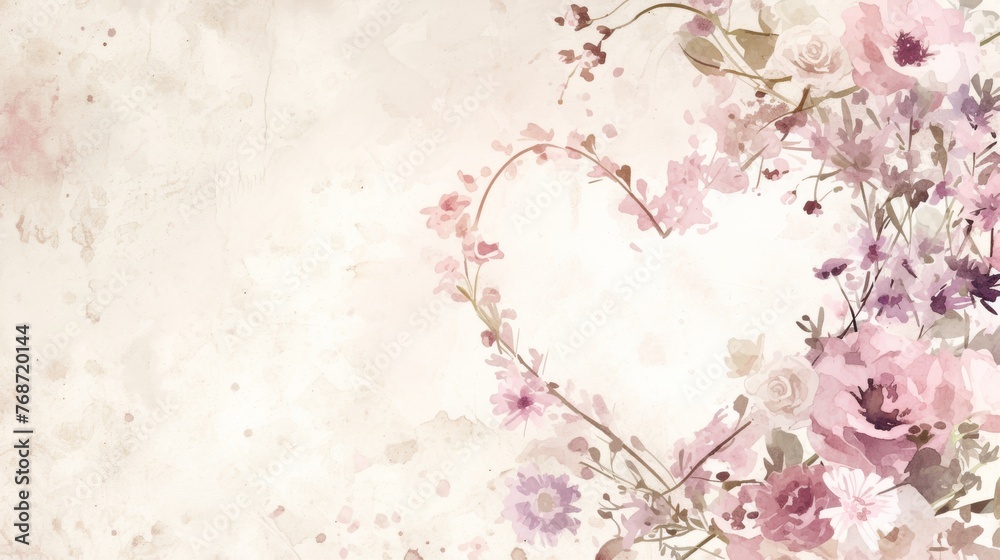  A white background with grunge effects, featuring a heart-shaped arrangement of flowers