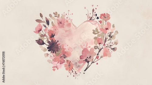  A watercolor depiction of a heart encircled by pink blossoms & leaves on a pristine backdrop, with love inscribed at