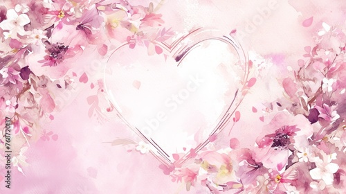  Watercolor artwork depicts a heart encircled by pink flwrs on pink backgrnd w/ white frm shp'd lk hrt photo