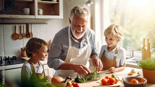 Happy family cooking together on white kitchen. Grandpa and grandchildren cut, mix, fried and prepare dinner. Home recreation and food preparation on weekend