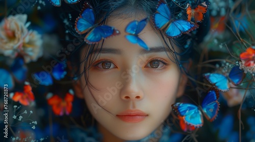  A woman s head  adorned with blue butterflies  is closely captured in the photograph  while a bouquet of red and blue flowers cascades through her hair