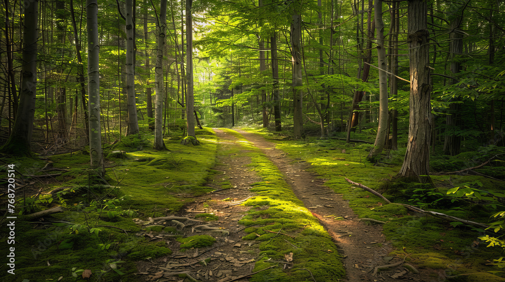 Obraz premium A serene trail meanders through a lush forest, with vibrant green moss and dappled sunlight casting an enchanting atmosphere