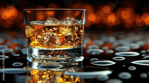  A glass of whiskey with ice cubes on a reflective surface, bokeh lights in the background