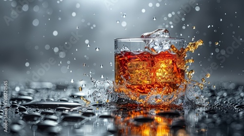  A black-and-white glass of whiskey on ice with splashed water, on a contrasting table background