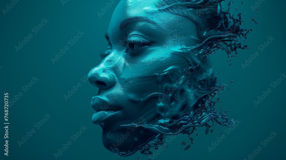  A woman's close-up face, with water splashed, on a blue background