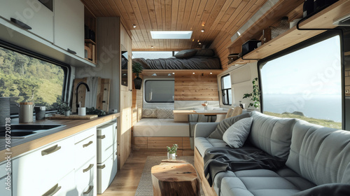 Inside a modern camper van, the cozy interior is fully equipped for a life on the road, featuring a comfortable bed, kitchen, and a view of the forest.