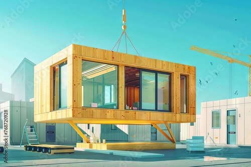 Modular wooden office building under construction, sustainable architecture using prefabricated elements, digital illustration photo