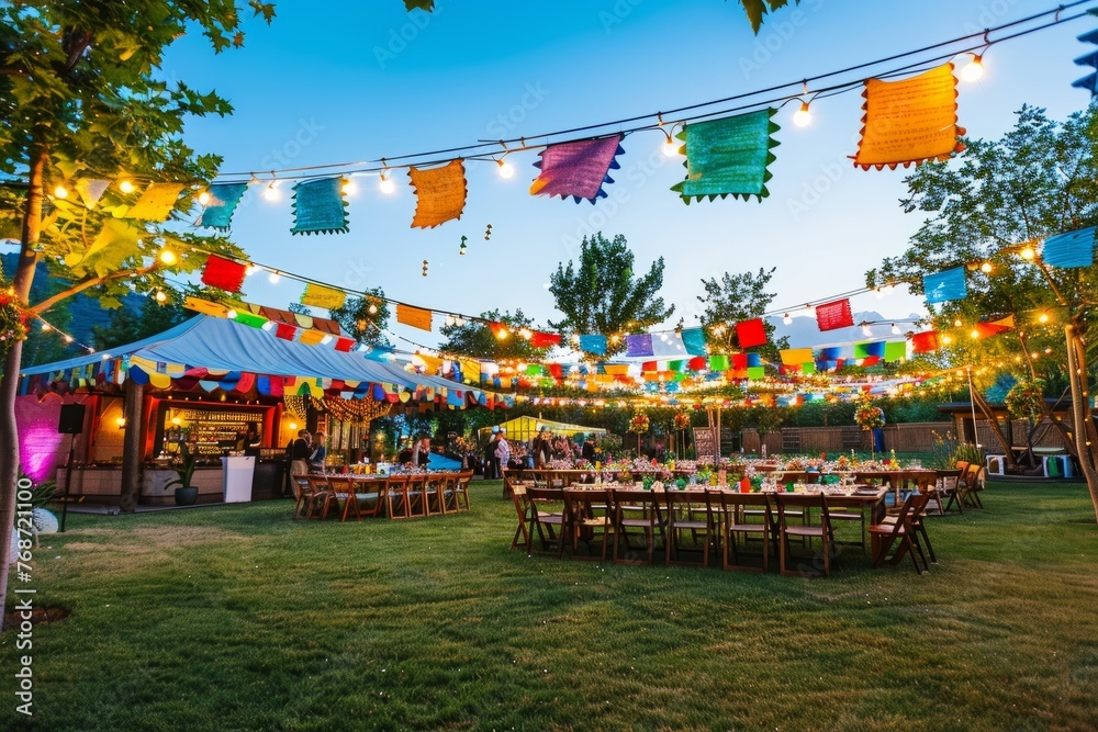 Festive Open-Air Party Space Adorned with Lights and Colorful Textiles