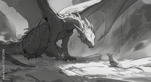  A monochrome illustration portrays a dragon adjacent to an individual perched on a boulder before a peak