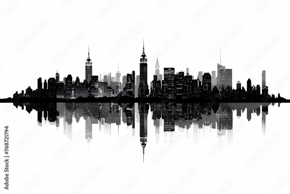 a silhouette of a city with a reflection of it