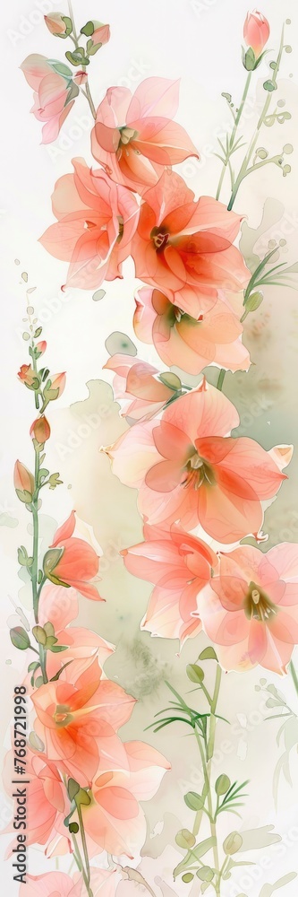 Watercolor painting of coral pink Delphiniums on a white background.