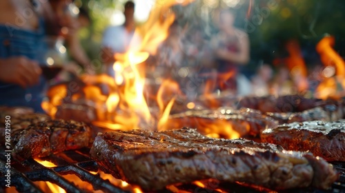 A closeup of steaks on the grill, with flames and people enjoying themselves in the background.