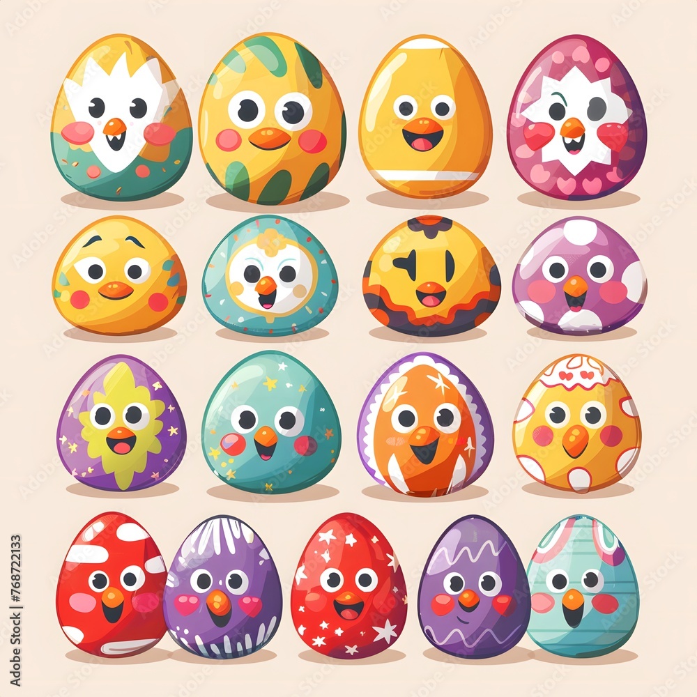 Obraz premium A collection of colorful cartoon eggs with faces.