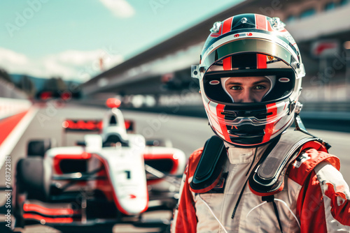 Portrait of Formula 1 racer in helmet, he is standing in front of racing bolidomi on the track © VetalStock