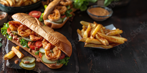 Louisiana Style Shrimp Po' Boy Sandwich with Spicy Sauce and French Fries