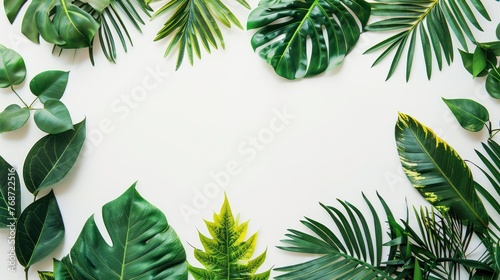Tropical Paradise, Colorful Leaves on White Background, Minimal Exotic Summer Concept with Copy Space