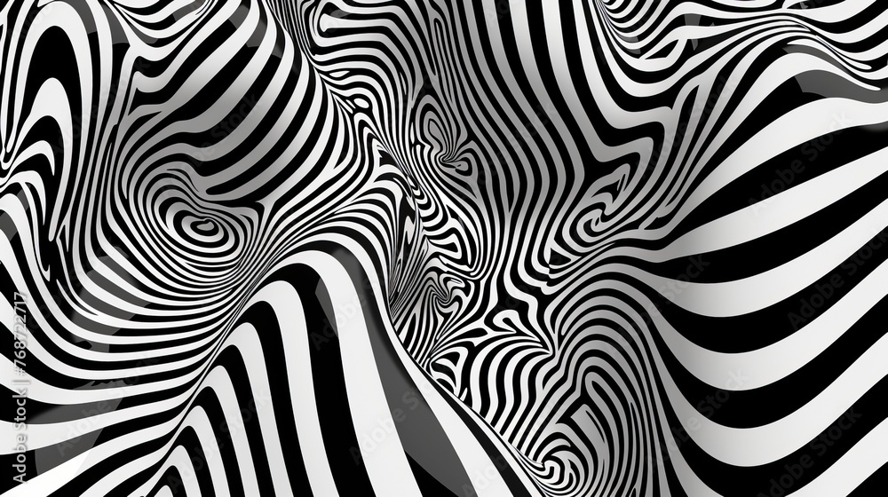 Fototapeta premium Abstract hypnotic pattern with black-white striped lines. Psychedelic background. Op art, optical illusion. Modern design, graphic texture.