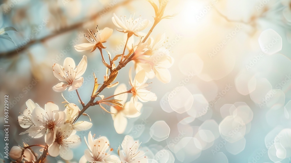 Abstract soft background with cherry blossom and sunlight in shot. Selective focus image