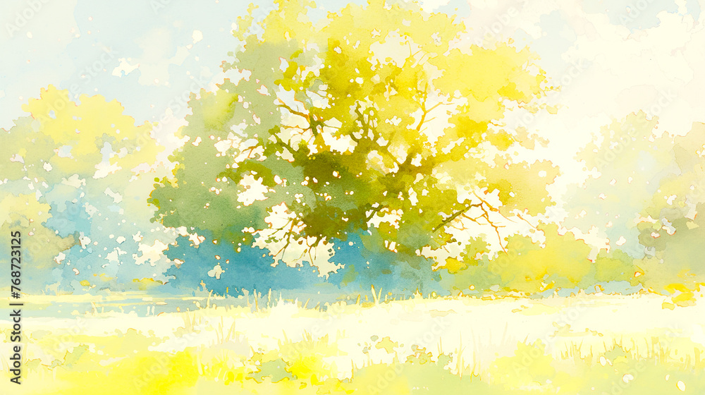 Fototapeta premium 抽象的な明るい草原と樹木のある風景の水彩イラスト