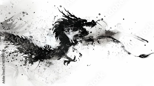 Abstract black ink brush strokes and splatters of watercolor on a white isolated background, a dragon flying in the sky in the style of Chinese art