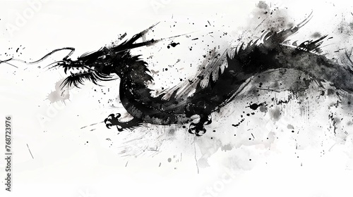 Abstract black ink brush strokes and splatters of watercolor on a white isolated background, a dragon flying in the sky in the style of Chinese art