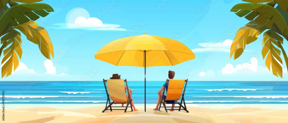 Island Getaway Romance Couple Lounging under a Yellow Umbrella on Beach Deck Chairs