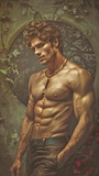 handsome shirtless man in a walled garden - generative ai