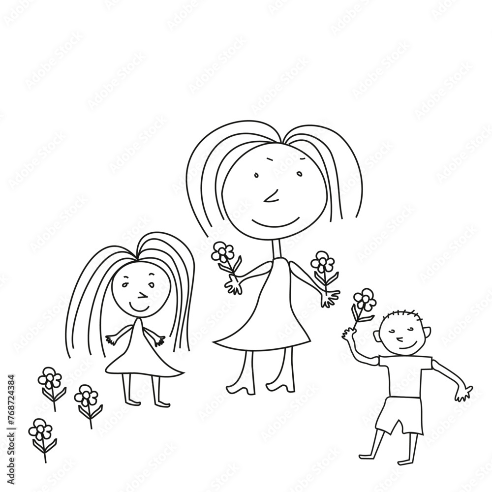 vector cartoon stick man illustration hand drawn children's drawing of happy mother, daughter and son vector cartoon stick man illustration hand drawn children's drawing of happy mother, daughter and son