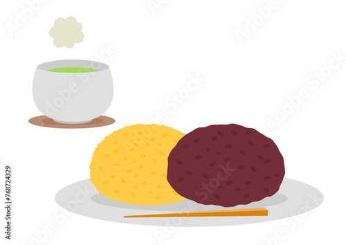 白い皿に載ったおはぎとお茶のイラスト
