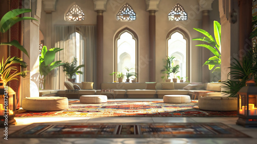 interior of the modern islamic room decorate for celebrating the end of the holy month of Ramadan