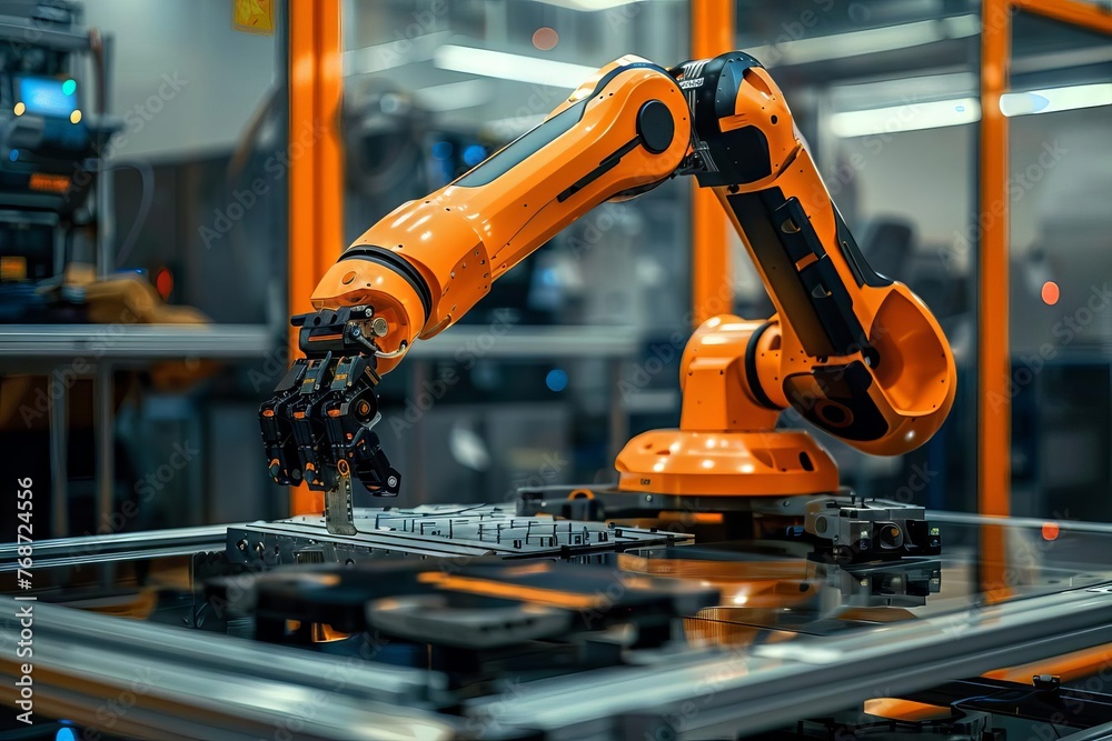 Robot maintenance in high-tech factory, futuristic industrial automation