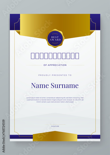 Blue gold and white modern certificate template with shapes. For corporate, achievement, diploma, award, graduation, completion, appreciation, acknowledgement, recognition etc