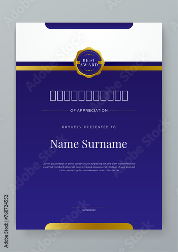 Blue white and gold certificate design with luxury and modern certificate award design template pattern. Certificate of achievement, awards diploma, education, school