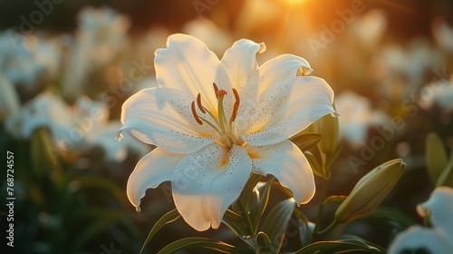 A close-up of a white flower, bathed in sunlight against a background of a blue sky or clouds