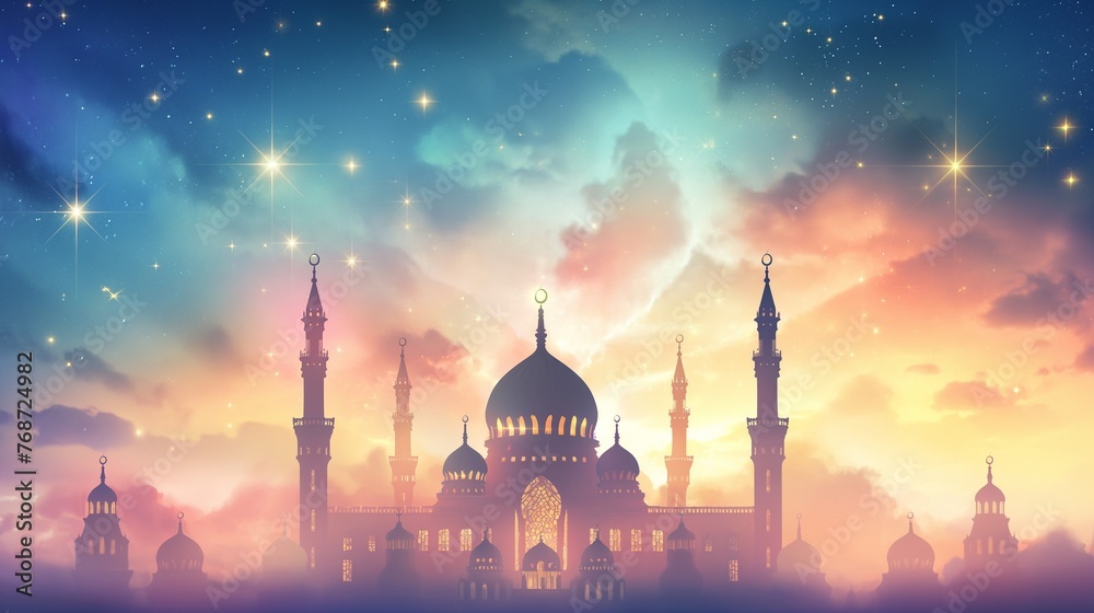 Cinematic dreamy Ramadan kareem eid islamic mosque background illustration colorful for wallpaper, poser and greeting card. - obrazy, fototapety, plakaty 
