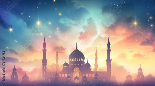 Cinematic dreamy Ramadan kareem eid islamic mosque background illustration colorful for wallpaper, poser and greeting card. photo