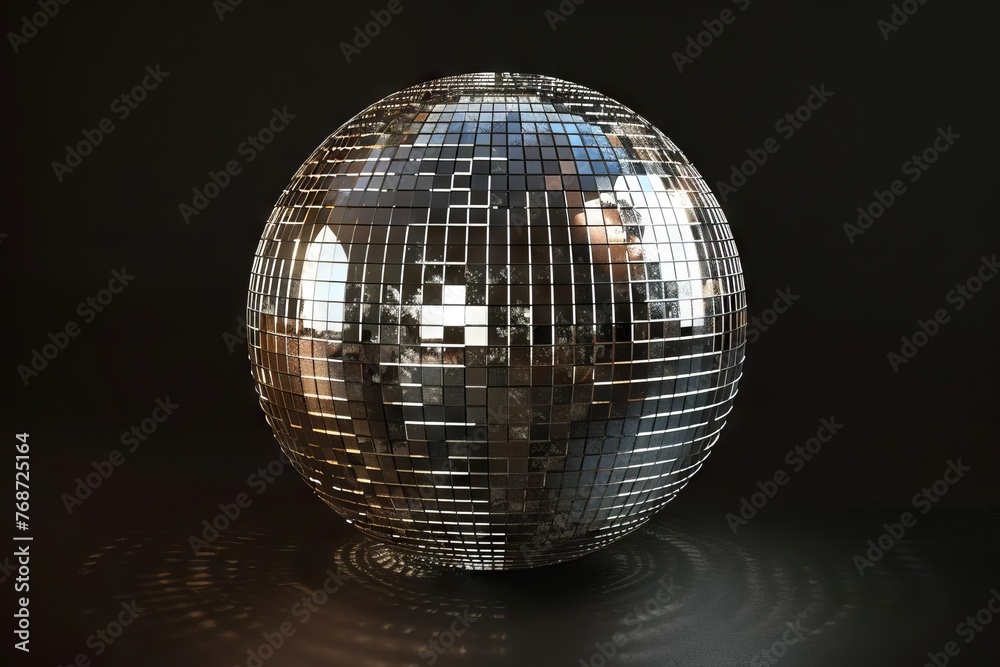 Shiny silver disco ball with mirror fragments on black background, party and dance concept - 3D render Shiny silver disco ball with mirror fragments on black background, party and dance concept - 3D render