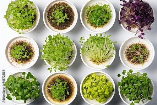 Sprouts in white bowls, view from above. Sprouting microgreens, shoots of alfalfa, Chinese cabbage, garlic, kale, lentils and radish in potting compost