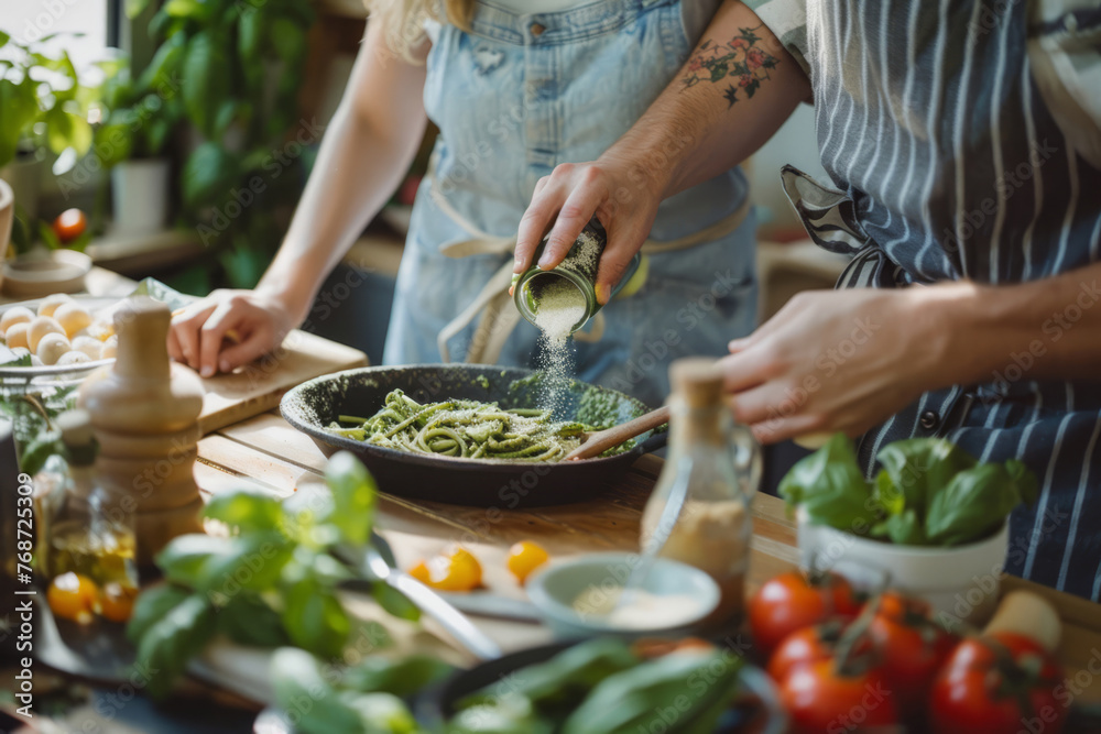 Young happy couple is enjoying and preparing pasta with pesto in their kitchen. Generative AI Young happy couple is enjoying and preparing pasta with pesto in their kitchen. Generative AI